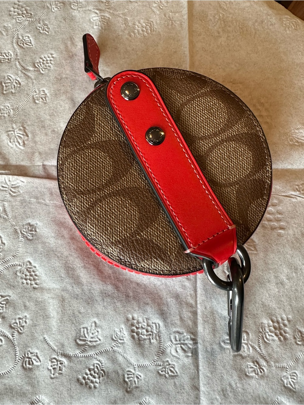 Coach Round Mini Coin Pouch in Brown with Red Trim - Picture 3 of 5